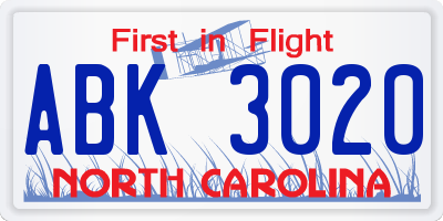 NC license plate ABK3020