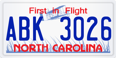 NC license plate ABK3026