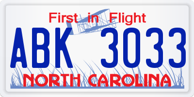 NC license plate ABK3033