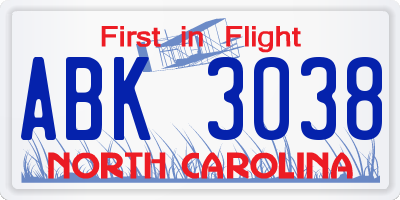 NC license plate ABK3038