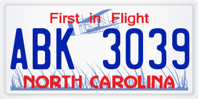 NC license plate ABK3039