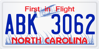 NC license plate ABK3062