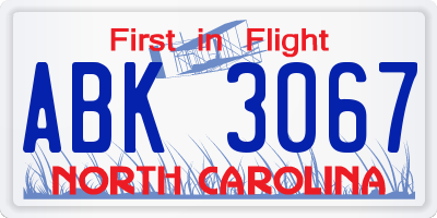NC license plate ABK3067