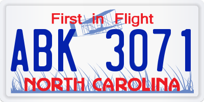 NC license plate ABK3071