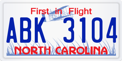 NC license plate ABK3104