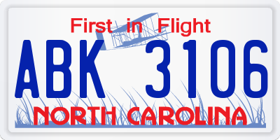 NC license plate ABK3106