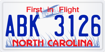 NC license plate ABK3126