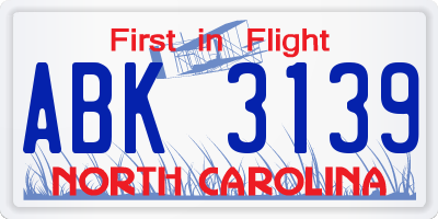 NC license plate ABK3139