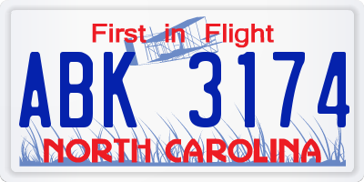 NC license plate ABK3174