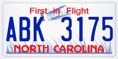 NC license plate ABK3175