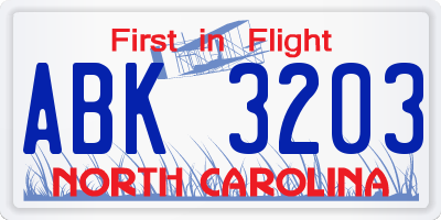 NC license plate ABK3203