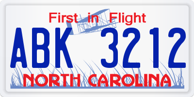NC license plate ABK3212