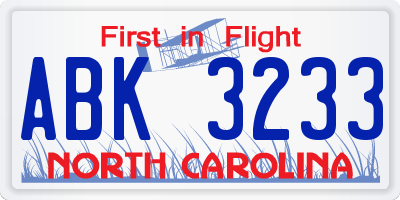 NC license plate ABK3233