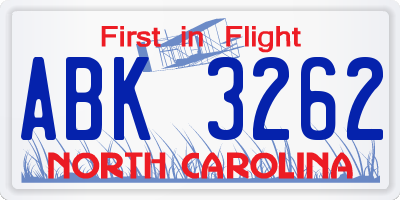 NC license plate ABK3262