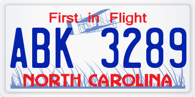 NC license plate ABK3289