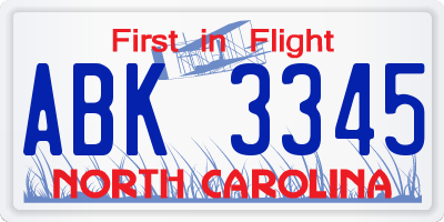 NC license plate ABK3345