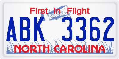 NC license plate ABK3362