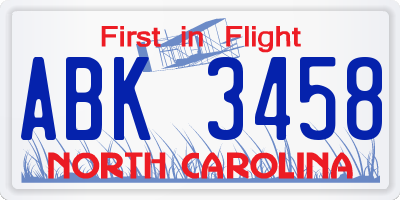 NC license plate ABK3458