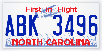 NC license plate ABK3496