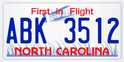 NC license plate ABK3512