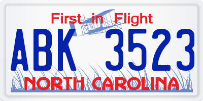 NC license plate ABK3523