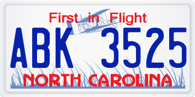 NC license plate ABK3525