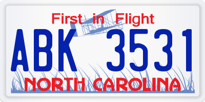 NC license plate ABK3531