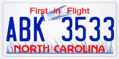 NC license plate ABK3533