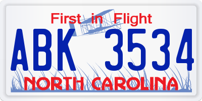 NC license plate ABK3534
