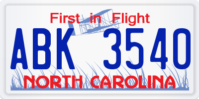 NC license plate ABK3540