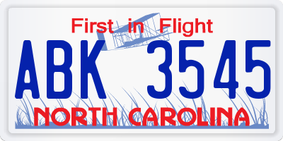 NC license plate ABK3545