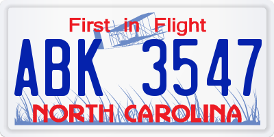 NC license plate ABK3547