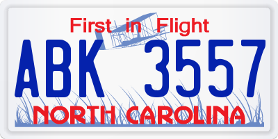 NC license plate ABK3557