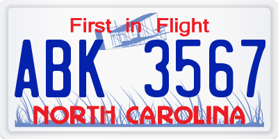NC license plate ABK3567