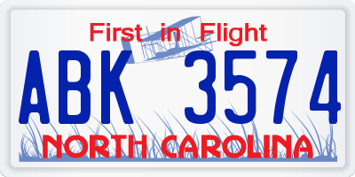 NC license plate ABK3574