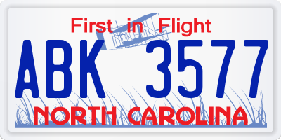 NC license plate ABK3577