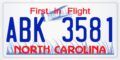 NC license plate ABK3581