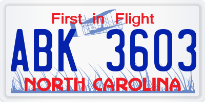 NC license plate ABK3603