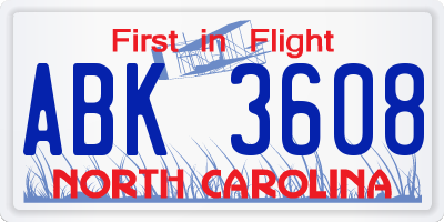 NC license plate ABK3608