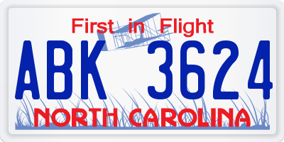 NC license plate ABK3624