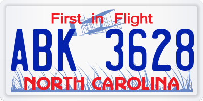 NC license plate ABK3628