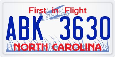NC license plate ABK3630