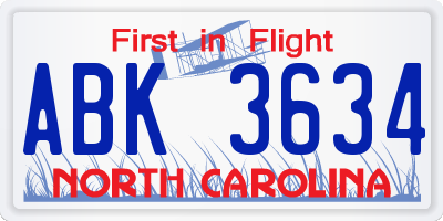 NC license plate ABK3634