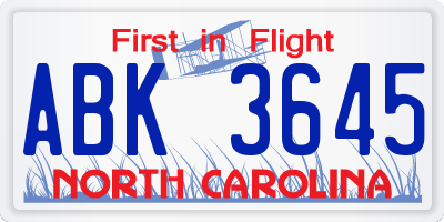 NC license plate ABK3645