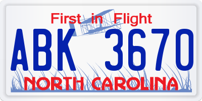 NC license plate ABK3670