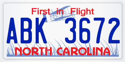 NC license plate ABK3672