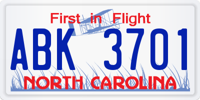 NC license plate ABK3701