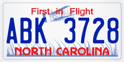 NC license plate ABK3728