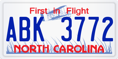 NC license plate ABK3772