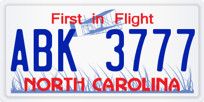NC license plate ABK3777